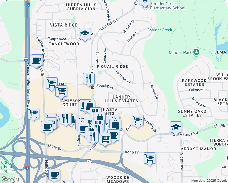 map of restaurants, bars, coffee shops, grocery stores, and more near 1141 Burton Drive in Redding