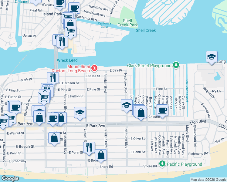 map of restaurants, bars, coffee shops, grocery stores, and more near 536 East Fulton Street in Long Beach