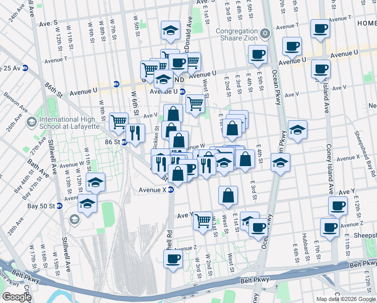 map of restaurants, bars, coffee shops, grocery stores, and more near 8 Stryker Court in Brooklyn