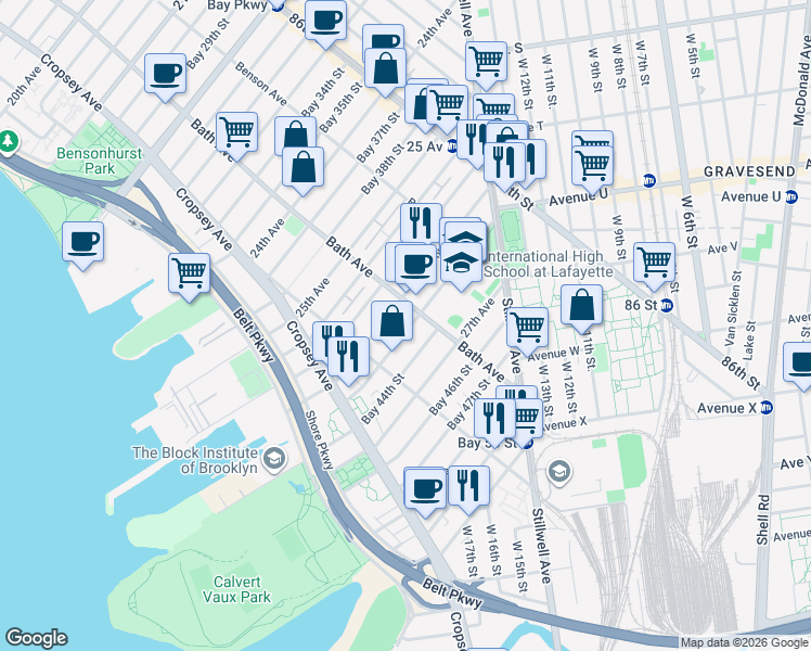 map of restaurants, bars, coffee shops, grocery stores, and more near 195 Bay 43rd Street in Brooklyn
