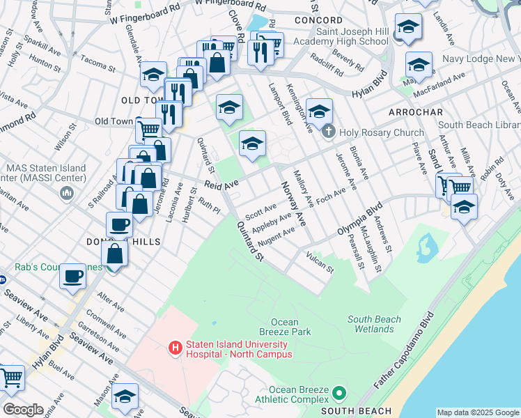 map of restaurants, bars, coffee shops, grocery stores, and more near 77 Appleby Avenue in Staten Island