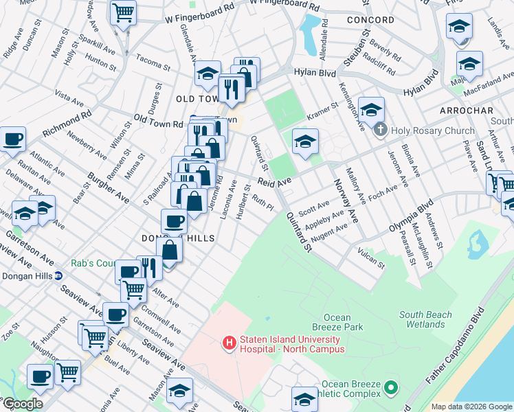 map of restaurants, bars, coffee shops, grocery stores, and more near 30 Xenia Street in Staten Island