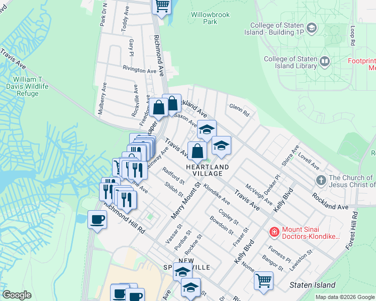 map of restaurants, bars, coffee shops, grocery stores, and more near 606 Travis Avenue in Staten Island
