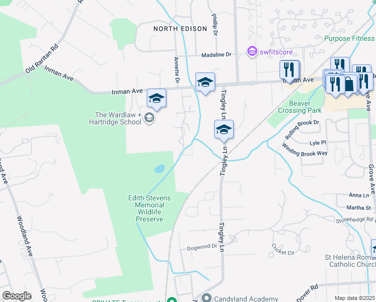 map of restaurants, bars, coffee shops, grocery stores, and more near 205 Hidden Hollow Court in Edison