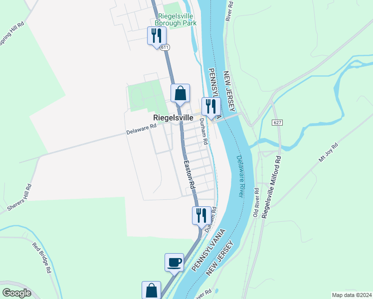 map of restaurants, bars, coffee shops, grocery stores, and more near 923 Easton Road in Riegelsville