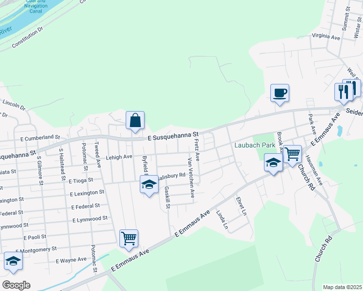 map of restaurants, bars, coffee shops, grocery stores, and more near 1324 Lehigh Avenue in Allentown