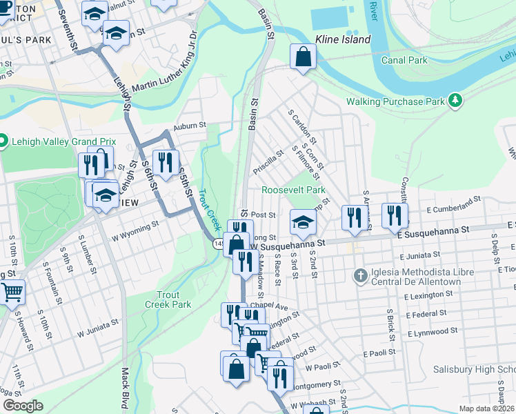 map of restaurants, bars, coffee shops, grocery stores, and more near 1010 South Meadow Street in Allentown