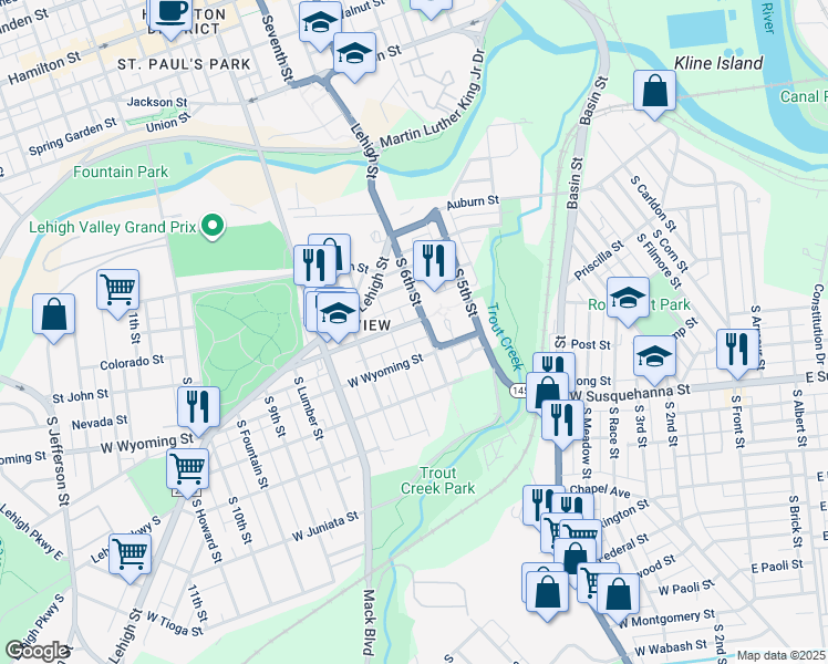 map of restaurants, bars, coffee shops, grocery stores, and more near in Allentown