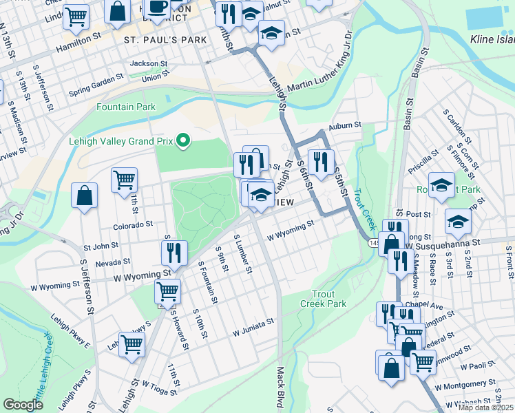 map of restaurants, bars, coffee shops, grocery stores, and more near 811 Saint John Street in Allentown