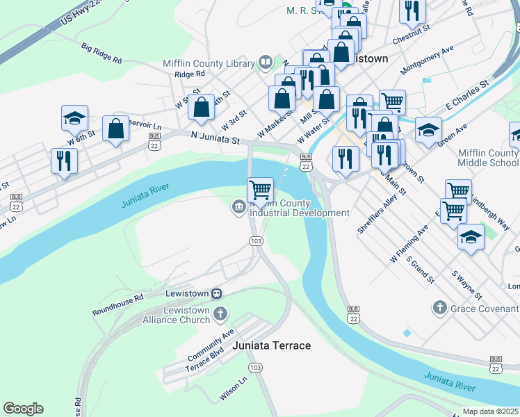 map of restaurants, bars, coffee shops, grocery stores, and more near 6398 Belle Avenue in Lewistown