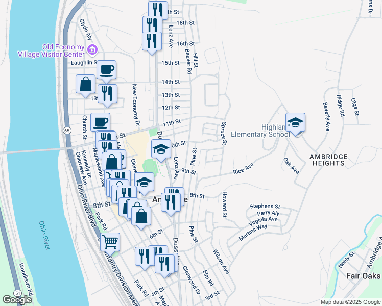 map of restaurants, bars, coffee shops, grocery stores, and more near 921 Pine Street in Ambridge