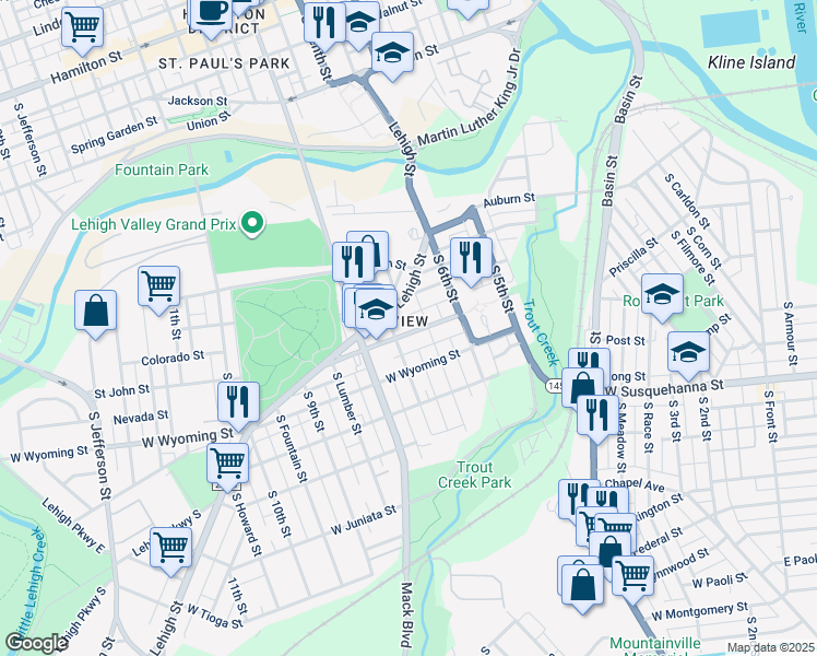 map of restaurants, bars, coffee shops, grocery stores, and more near 717 Saint John Street in Allentown