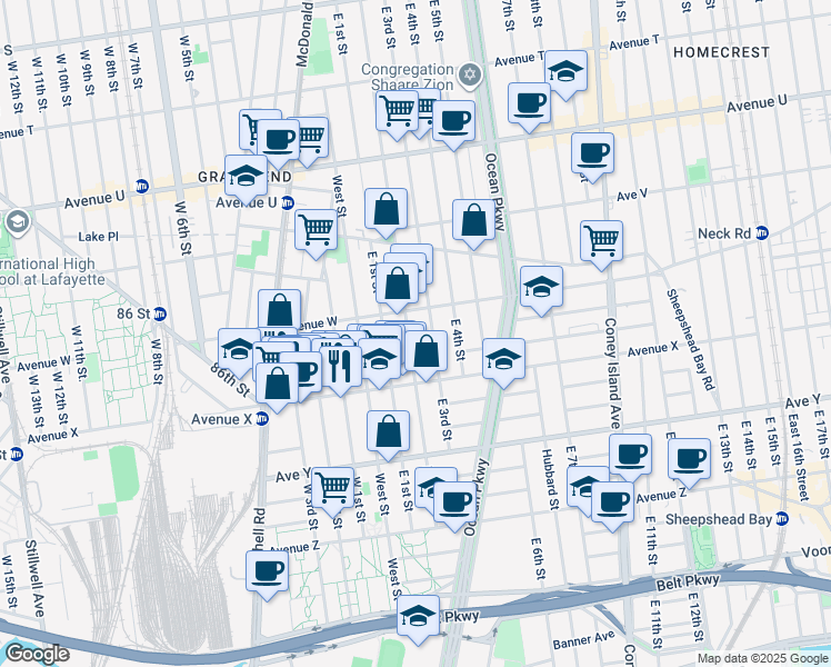 map of restaurants, bars, coffee shops, grocery stores, and more near 2377 East 2nd Street in Brooklyn