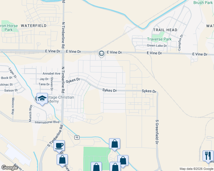 map of restaurants, bars, coffee shops, grocery stores, and more near 2975 Sykes Drive in Fort Collins
