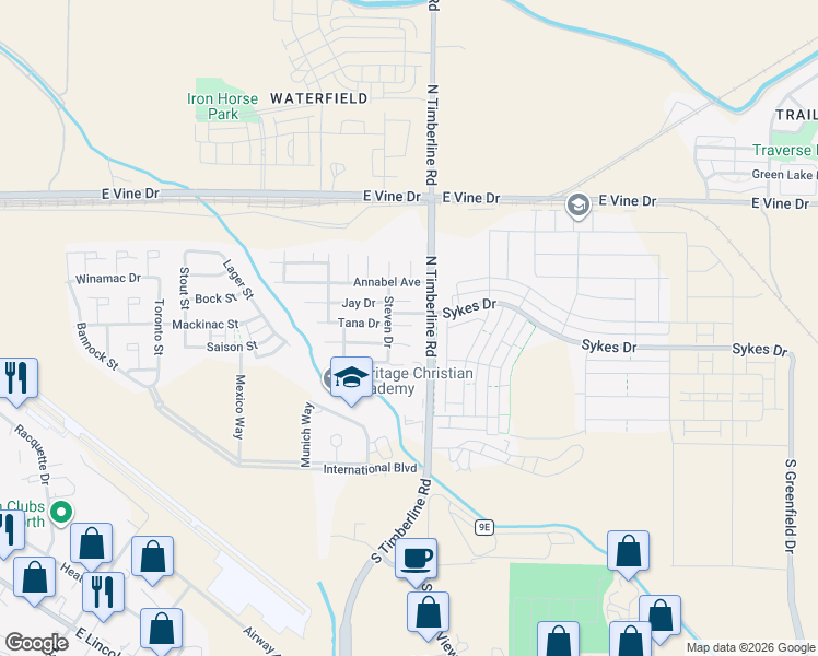 map of restaurants, bars, coffee shops, grocery stores, and more near 401 North Timberline Road in Fort Collins