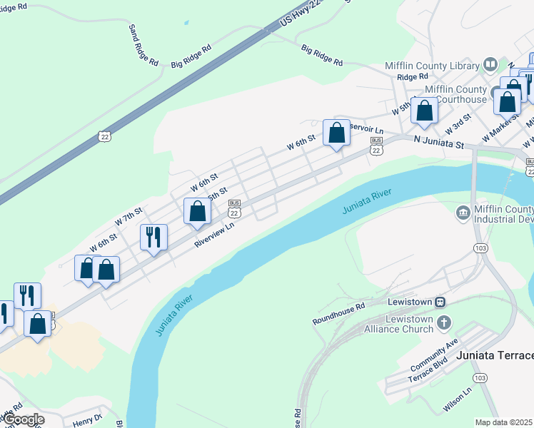 map of restaurants, bars, coffee shops, grocery stores, and more near 611 Riverside Drive in Lewistown