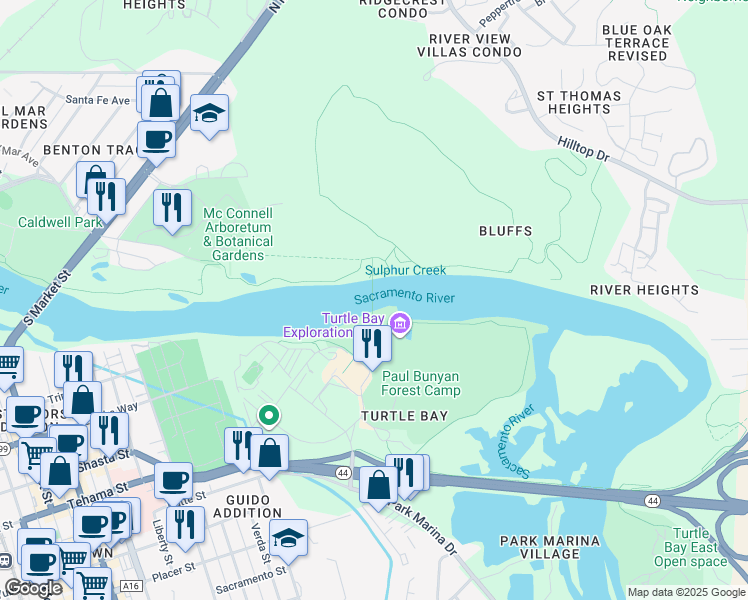 map of restaurants, bars, coffee shops, grocery stores, and more near Sacramento River Trail in Redding