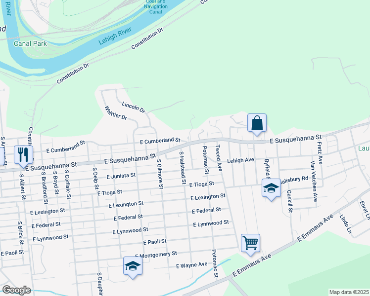 map of restaurants, bars, coffee shops, grocery stores, and more near 810 East Susquehanna Street in Allentown