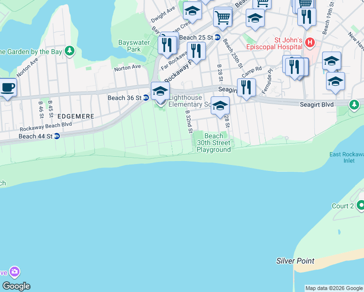 map of restaurants, bars, coffee shops, grocery stores, and more near 25 Beach 33rd Street in Queens