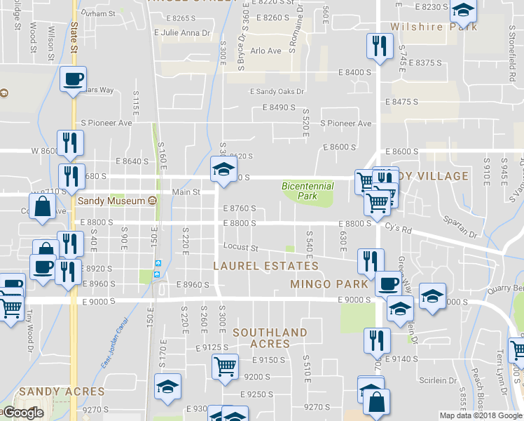 map of restaurants, bars, coffee shops, grocery stores, and more near 412 East 8760 South in Sandy