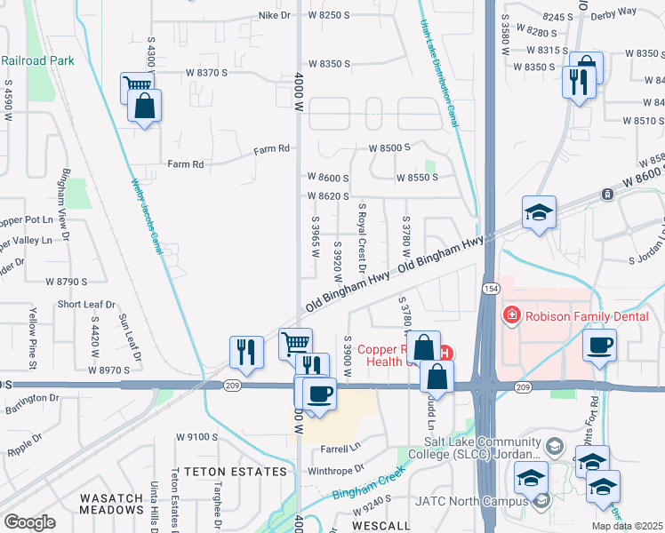 map of restaurants, bars, coffee shops, grocery stores, and more near 8768 South 3920 West in West Jordan