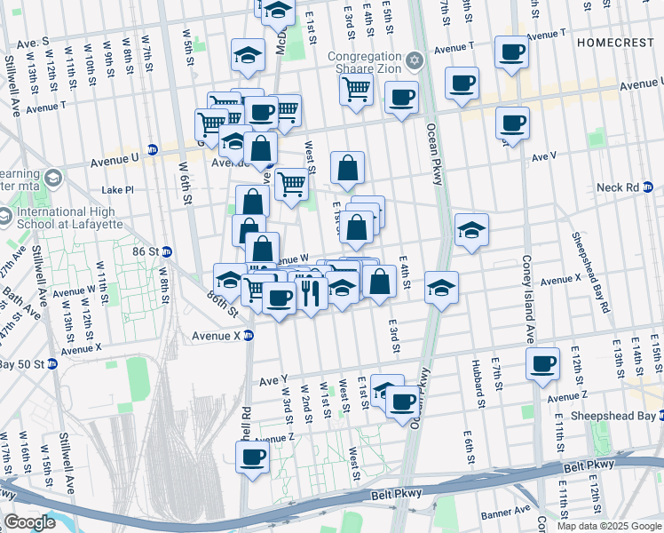 map of restaurants, bars, coffee shops, grocery stores, and more near 2286 West Street in Brooklyn