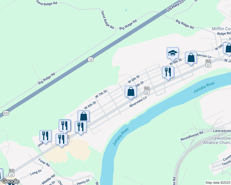 map of restaurants, bars, coffee shops, grocery stores, and more near 916 West 6th Street in Lewistown