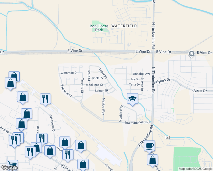map of restaurants, bars, coffee shops, grocery stores, and more near 2215 Mackinac Street in Fort Collins