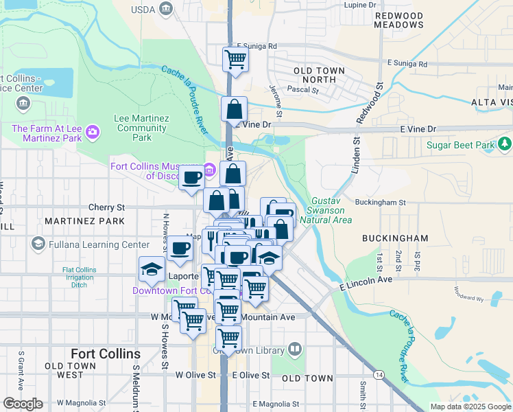 map of restaurants, bars, coffee shops, grocery stores, and more near 112 Willow Street in Fort Collins