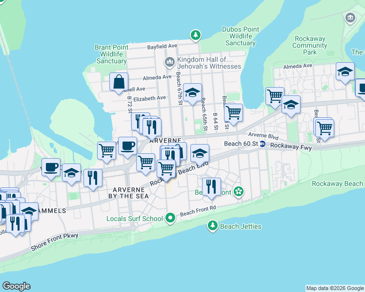 map of restaurants, bars, coffee shops, grocery stores, and more near 67-18 Beach Channel Drive in Queens