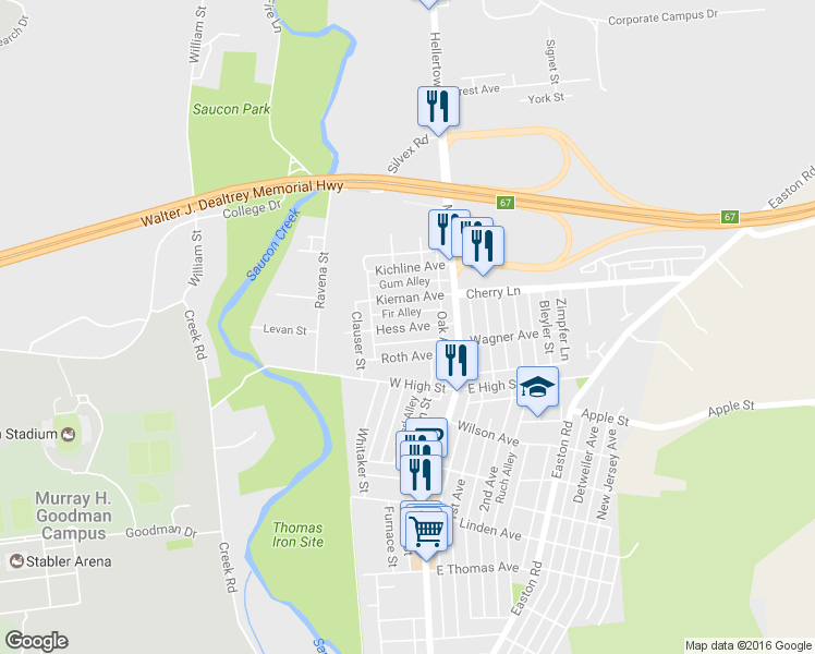 map of restaurants, bars, coffee shops, grocery stores, and more near 46 Hess Avenue in Hellertown