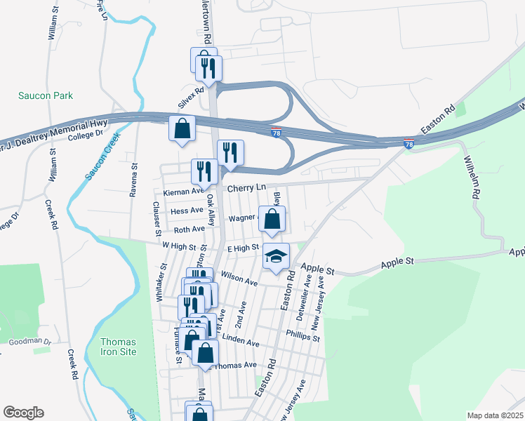 map of restaurants, bars, coffee shops, grocery stores, and more near 1619 Riegel Street in Hellertown
