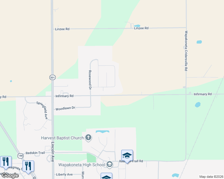 map of restaurants, bars, coffee shops, grocery stores, and more near 1714 Wildwood Court in Wapakoneta