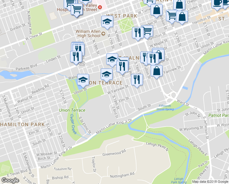map of restaurants, bars, coffee shops, grocery stores, and more near 301 South 18th Street in Allentown