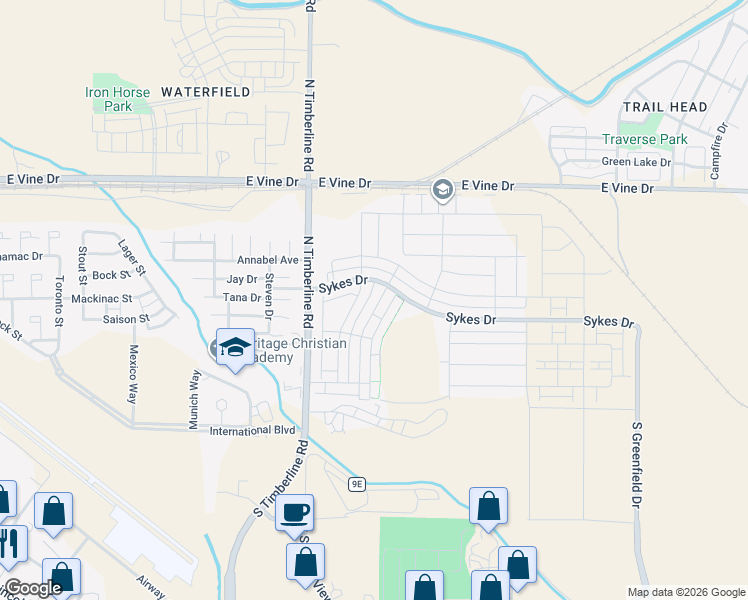 map of restaurants, bars, coffee shops, grocery stores, and more near 502 Vicot Way in Fort Collins