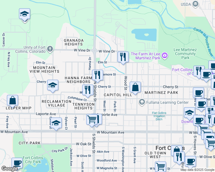 map of restaurants, bars, coffee shops, grocery stores, and more near 1100 Beech Street in Fort Collins