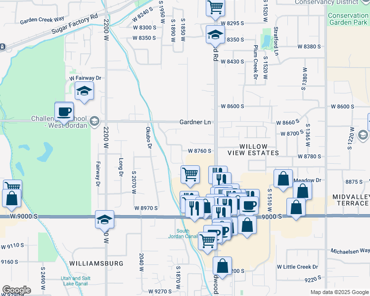 map of restaurants, bars, coffee shops, grocery stores, and more near 8693 Cajean Circle in West Jordan