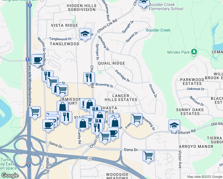 map of restaurants, bars, coffee shops, grocery stores, and more near 1279 Grouse Court in Redding