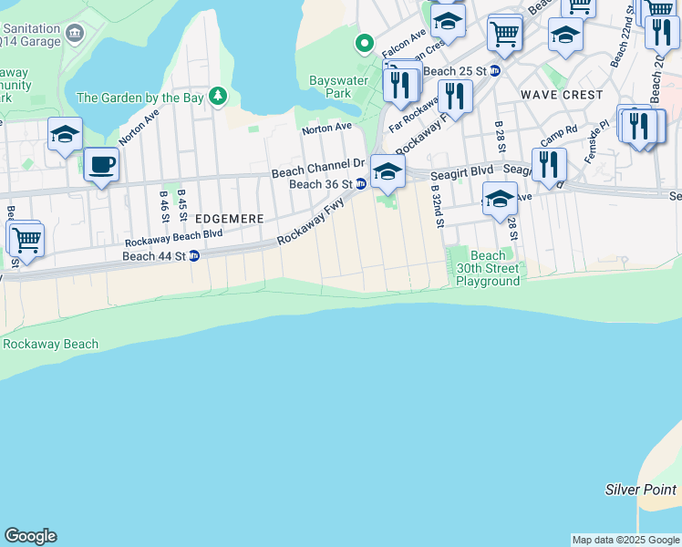 map of restaurants, bars, coffee shops, grocery stores, and more near 180 Beach 38th Street in Queens