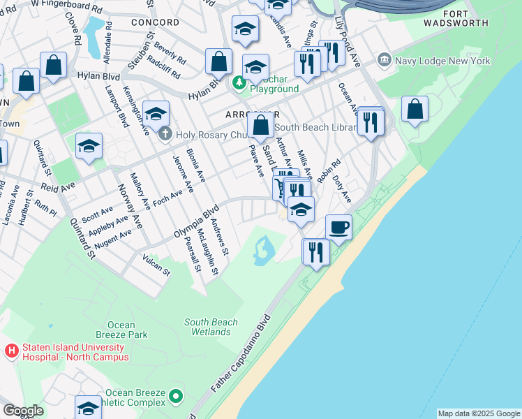 map of restaurants, bars, coffee shops, grocery stores, and more near 47 Olympia Boulevard in Staten Island