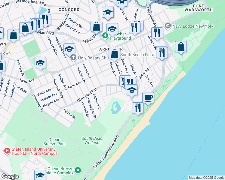 map of restaurants, bars, coffee shops, grocery stores, and more near 47 Olympia Boulevard in Staten Island
