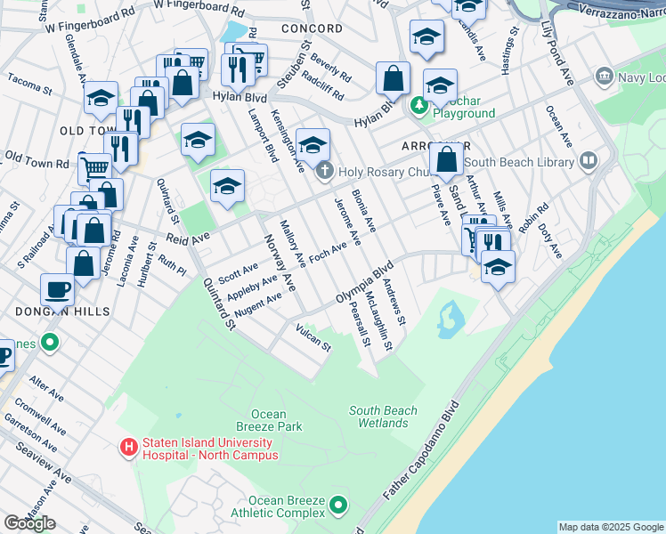map of restaurants, bars, coffee shops, grocery stores, and more near 189 Foch Avenue in Staten Island