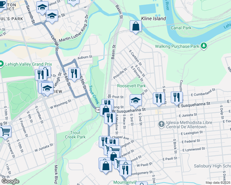 map of restaurants, bars, coffee shops, grocery stores, and more near 904 South Meadow Street in Allentown
