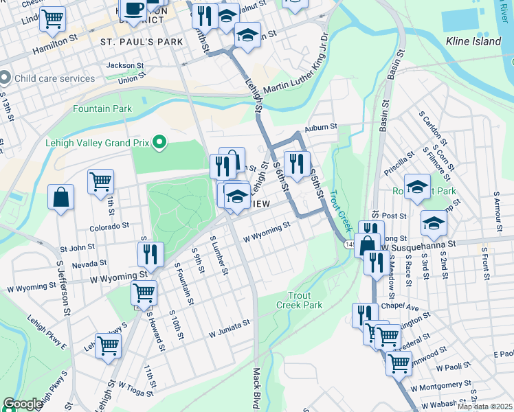 map of restaurants, bars, coffee shops, grocery stores, and more near 743 South Hall Street in Allentown