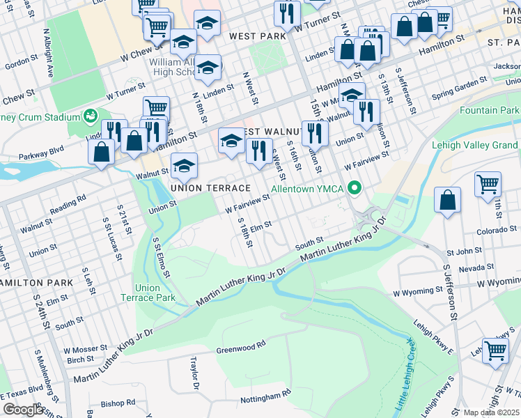 map of restaurants, bars, coffee shops, grocery stores, and more near 239 South 17th Street in Allentown