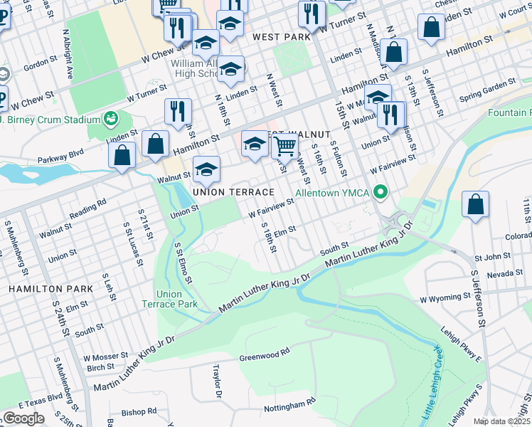 map of restaurants, bars, coffee shops, grocery stores, and more near 222 South Saint Cloud Street in Allentown