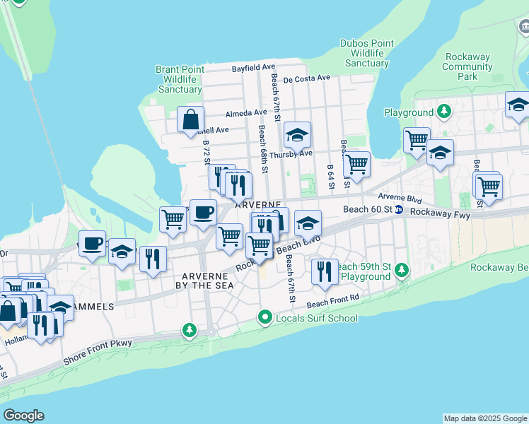 map of restaurants, bars, coffee shops, grocery stores, and more near 3 Beach 68th Street in Queens