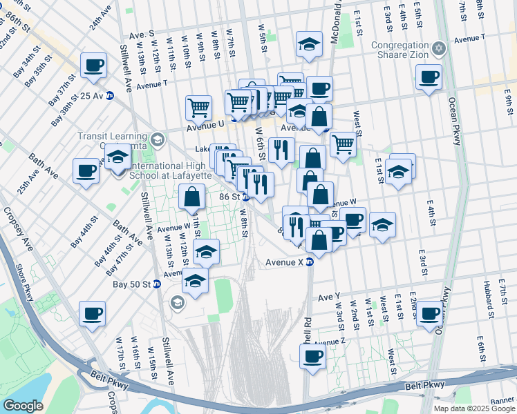 map of restaurants, bars, coffee shops, grocery stores, and more near 2258 West 6th Street in Brooklyn