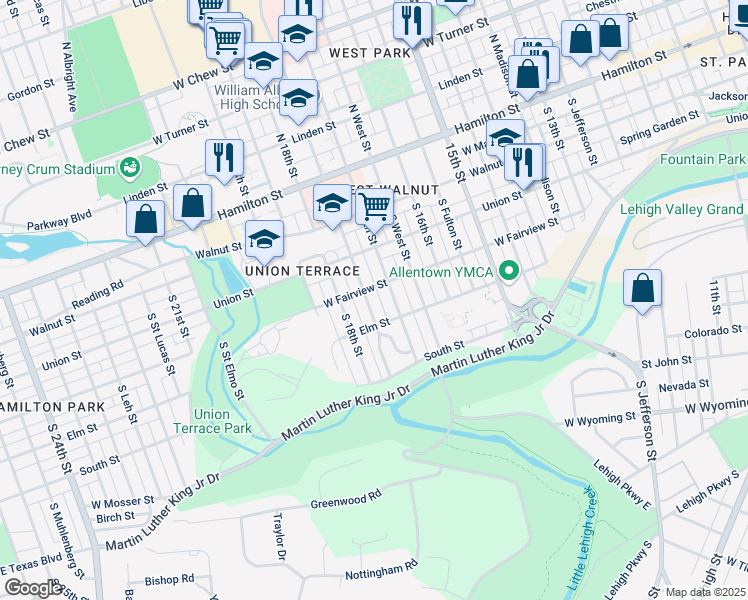 map of restaurants, bars, coffee shops, grocery stores, and more near 239 South 17th Street in Allentown
