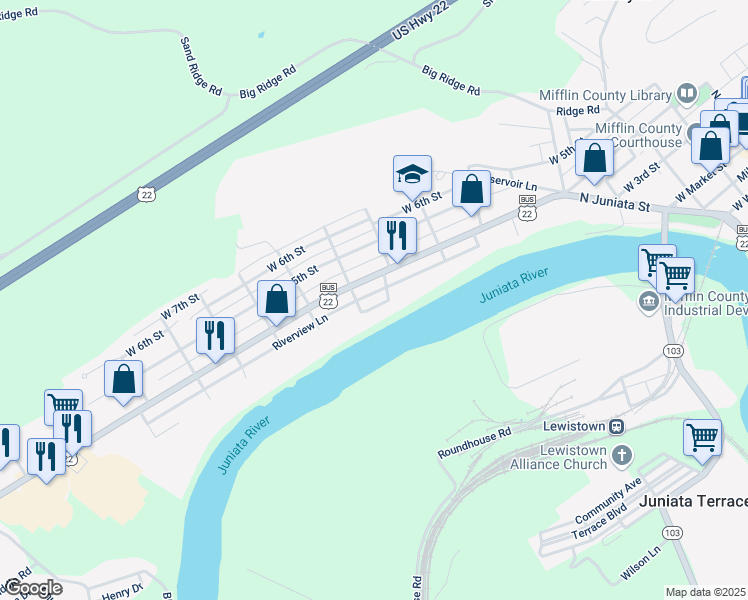 map of restaurants, bars, coffee shops, grocery stores, and more near 611 Riverside Drive in Lewistown